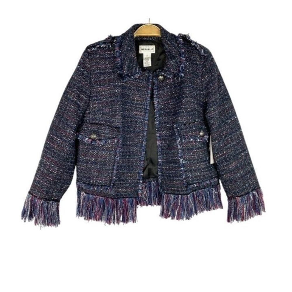 For The Republic size 2 Navy Mix Tweed Fringe Jacket Cotton Blend Oversized NWT